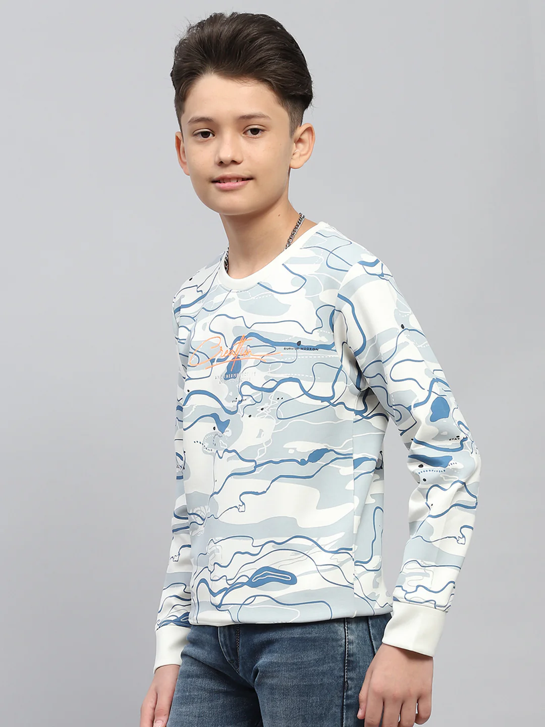 Boys White Printed Round Neck Full Sleeve Sweatshirt - Image 3