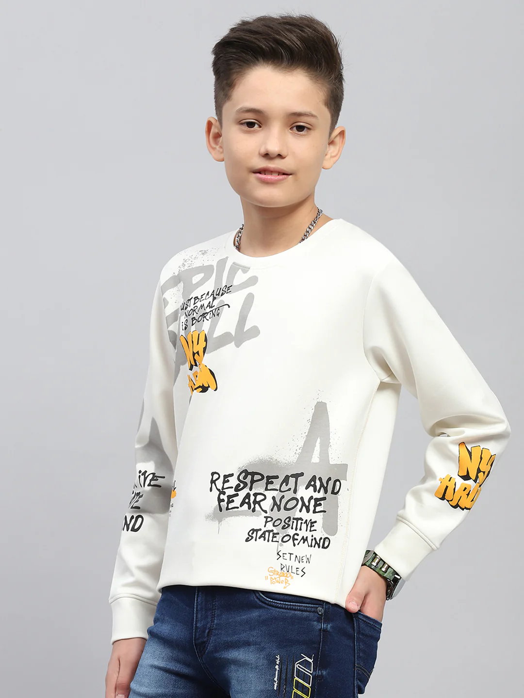 Boys White Printed Round Neck Full Sleeve Sweatshirt - Image 3