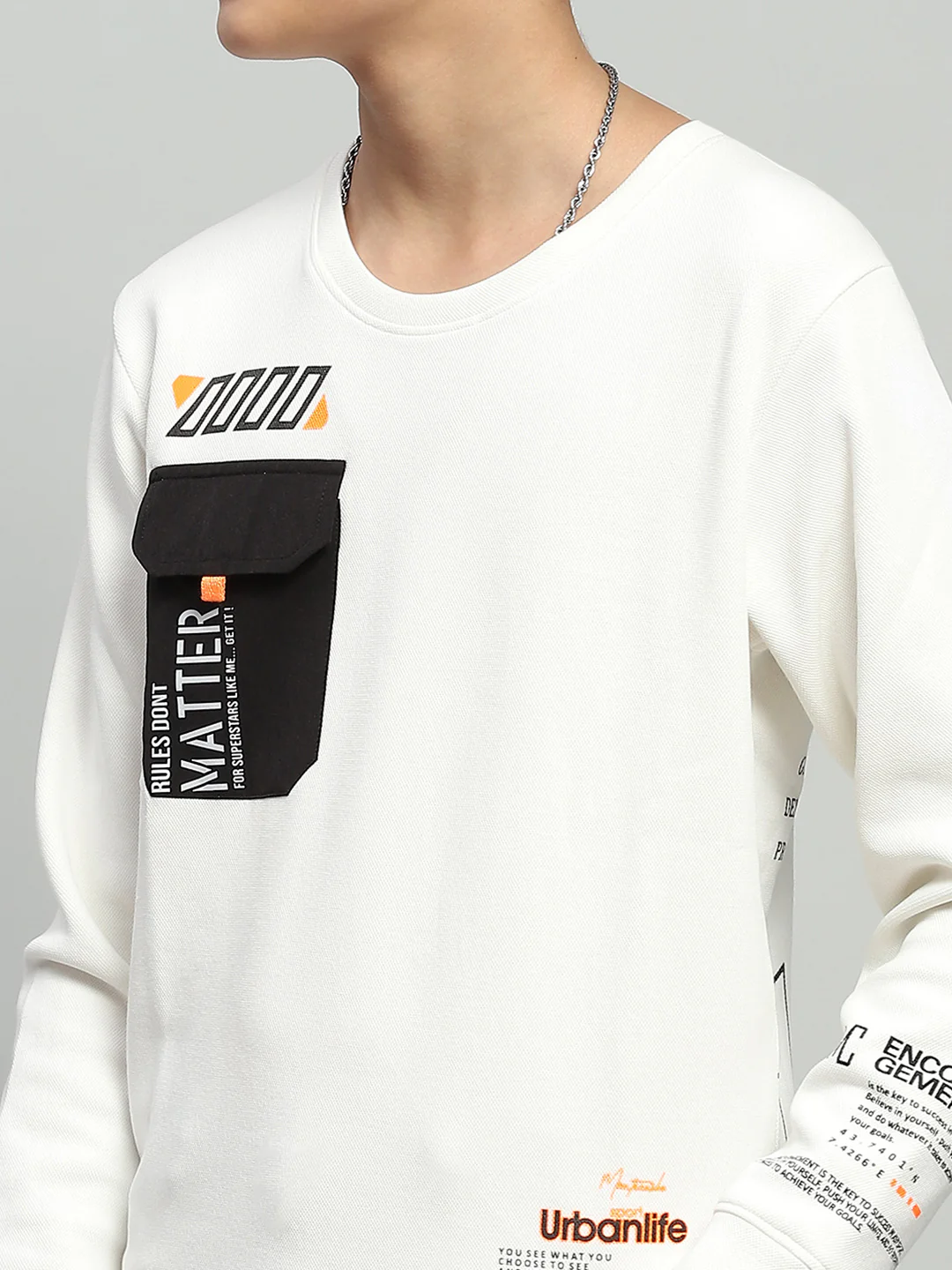 Boys White Printed Round Neck Full Sleeve Sweatshirt - Image 6