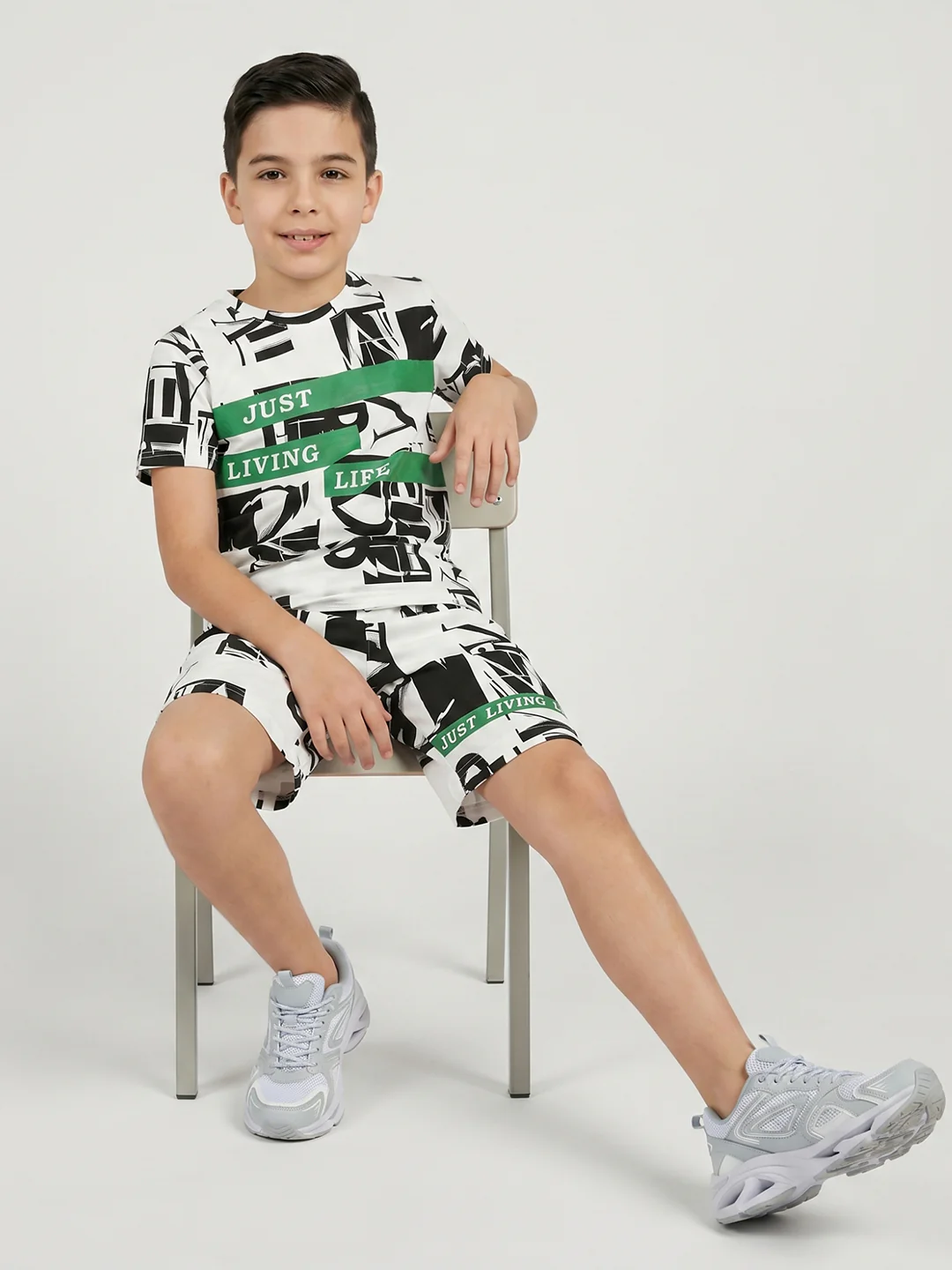 Boys White Printed Round Neck Half Sleeve Cords Set - Image 5