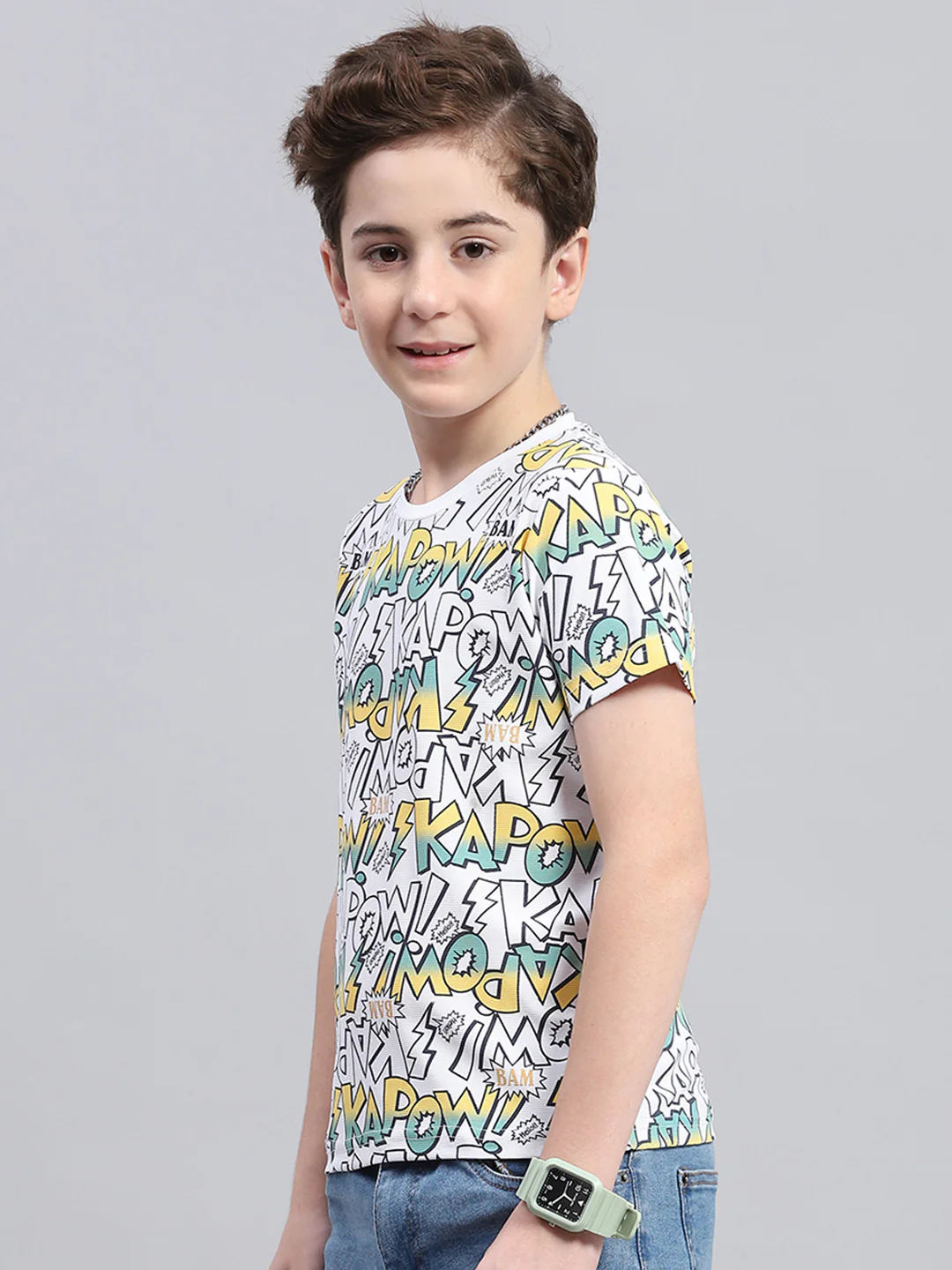 Boys White Printed Round Neck Half Sleeve T-Shirt - Image 3