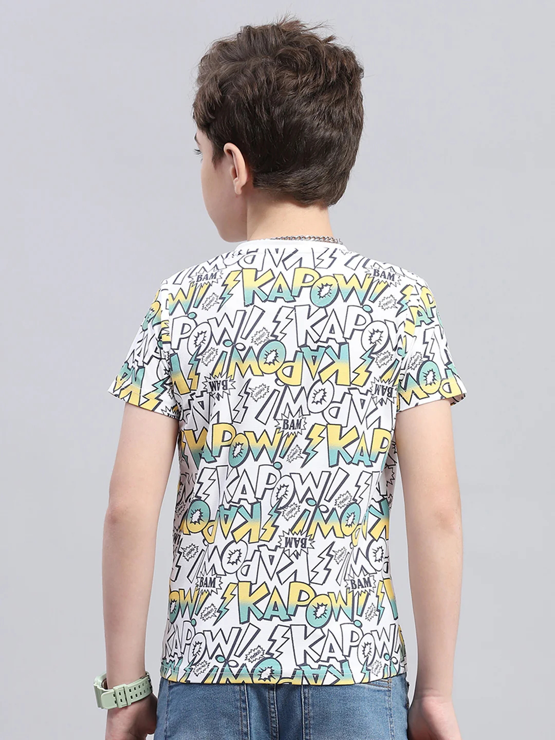 Boys White Printed Round Neck Half Sleeve T-Shirt - Image 5
