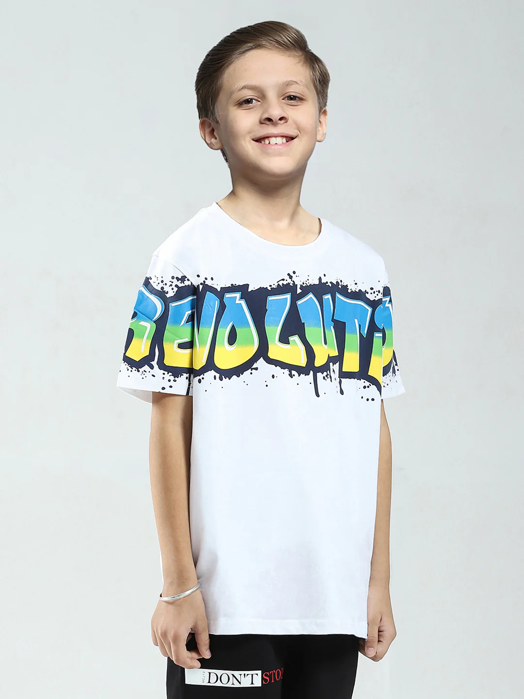 Boys White Printed Round Neck Half Sleeve T-Shirt - Image 4