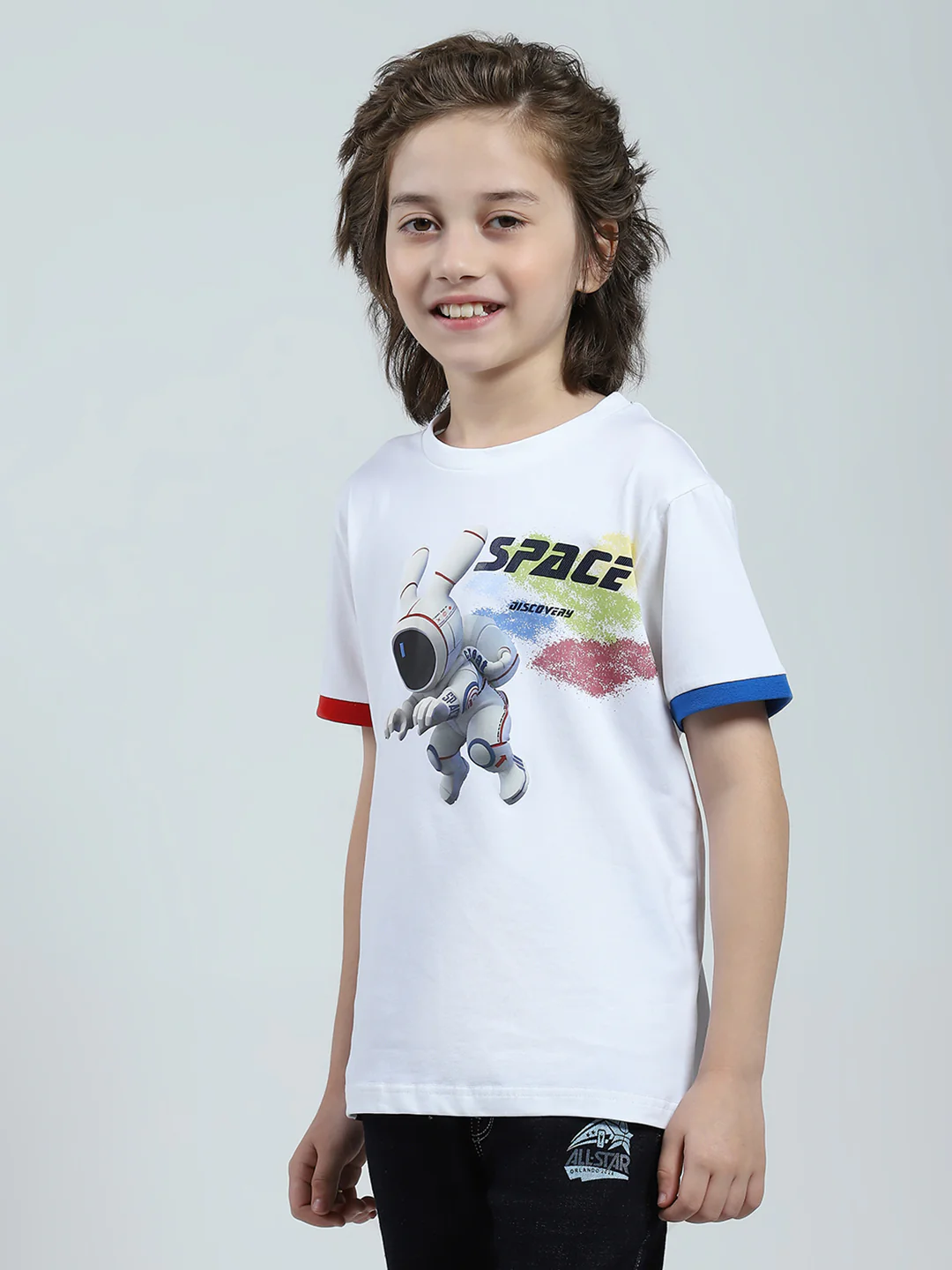 Boys White Printed Round Neck Half Sleeve T-Shirt - Image 3