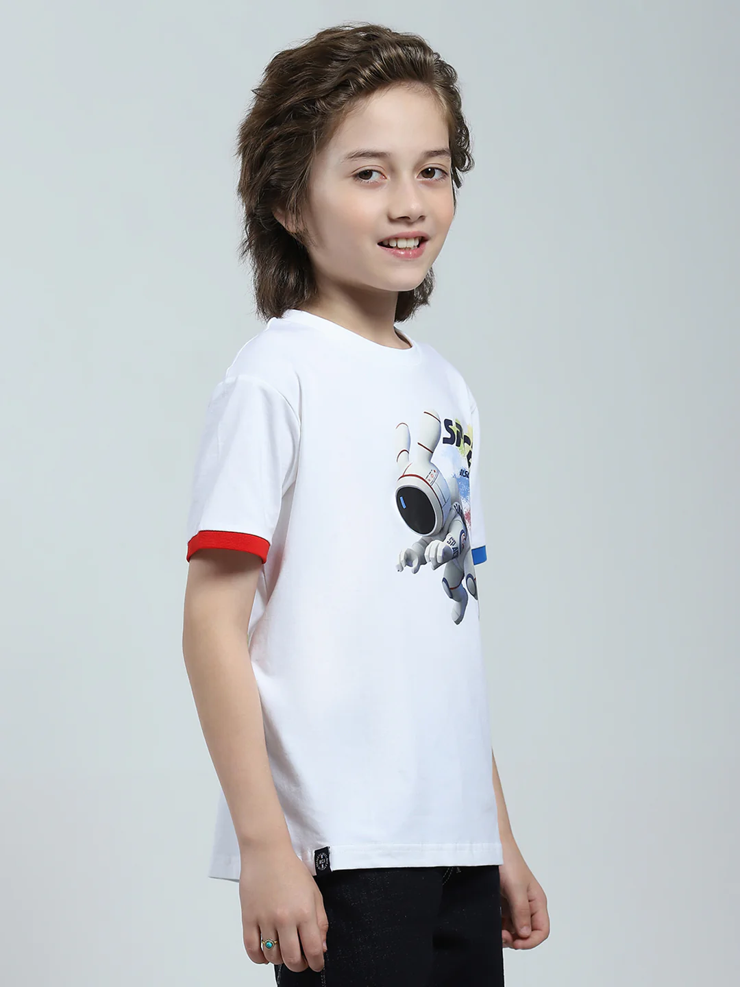 Boys White Printed Round Neck Half Sleeve T-Shirt - Image 4