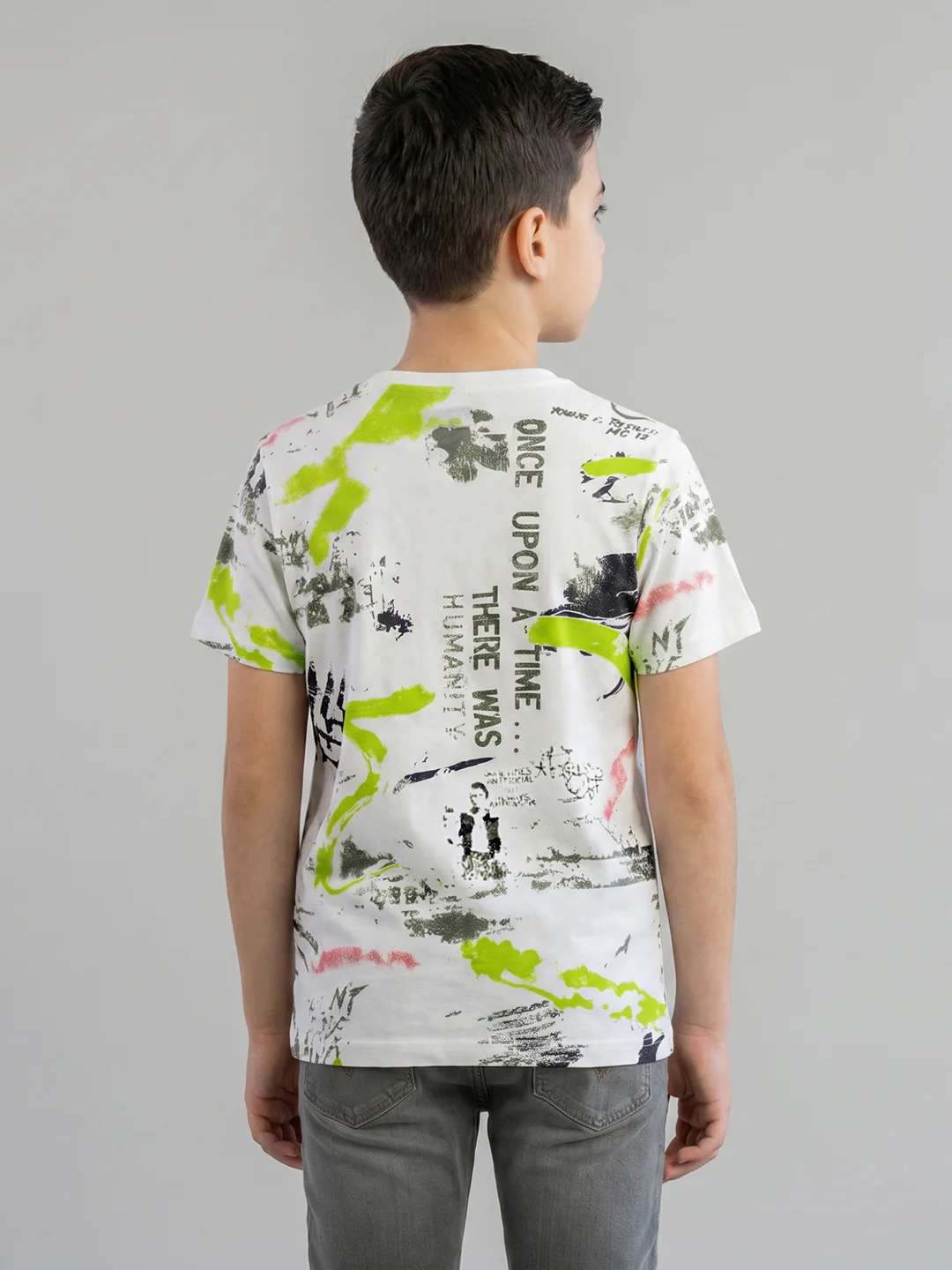 Boys White Printed Round Neck Half Sleeve T-Shirt - Image 3