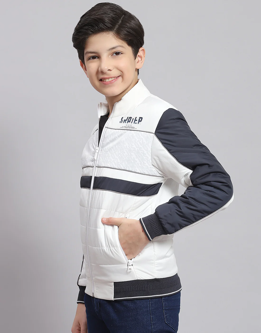 Boys White Printed Stand Collar Full Sleeve Boys Jacket - Image 3