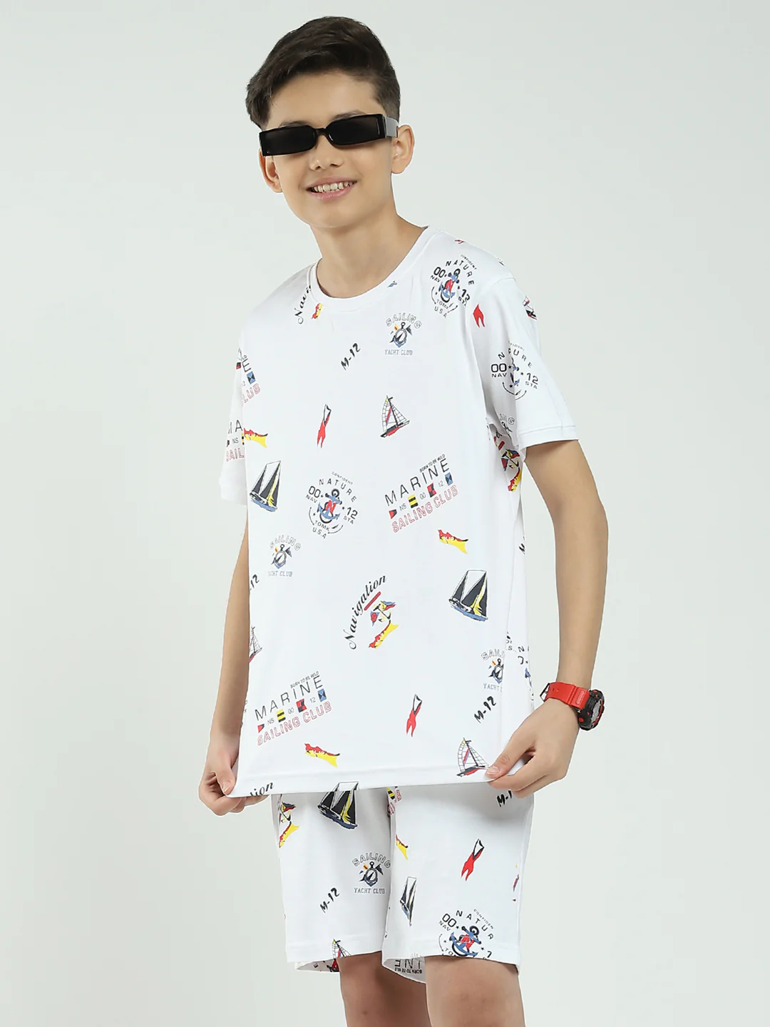 Boys White Printed Round Neck Half Sleeve Bermuda Set - Image 6