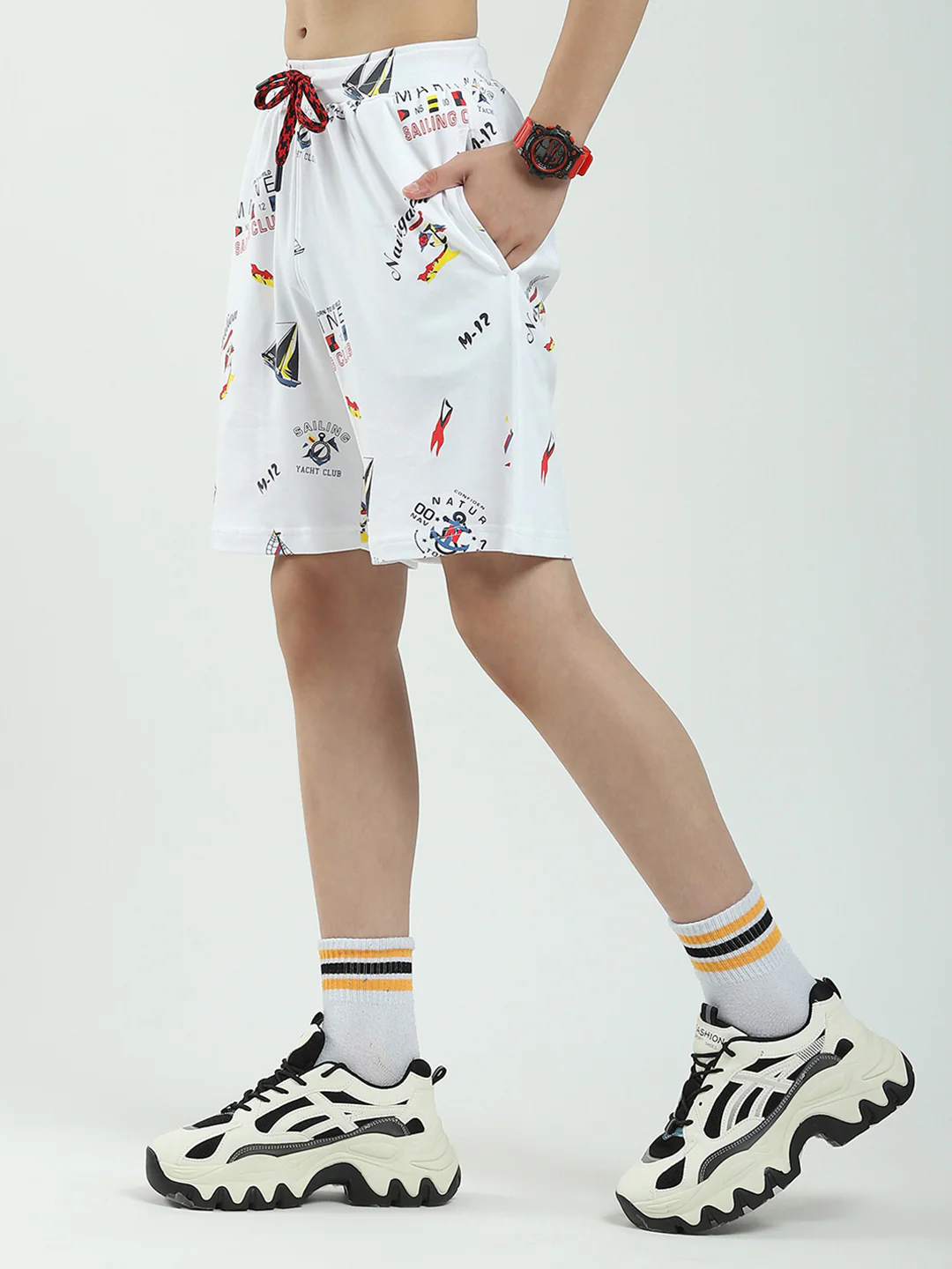 Boys White Printed Round Neck Half Sleeve Bermuda Set - Image 7