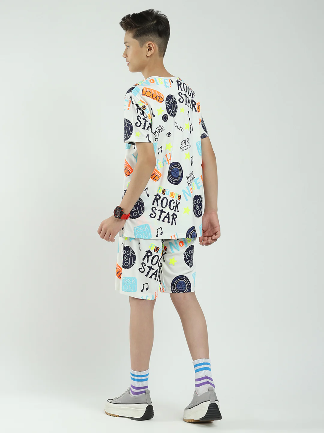 Boys White Printed Round Neck Half Sleeve Bermuda Set - Image 5