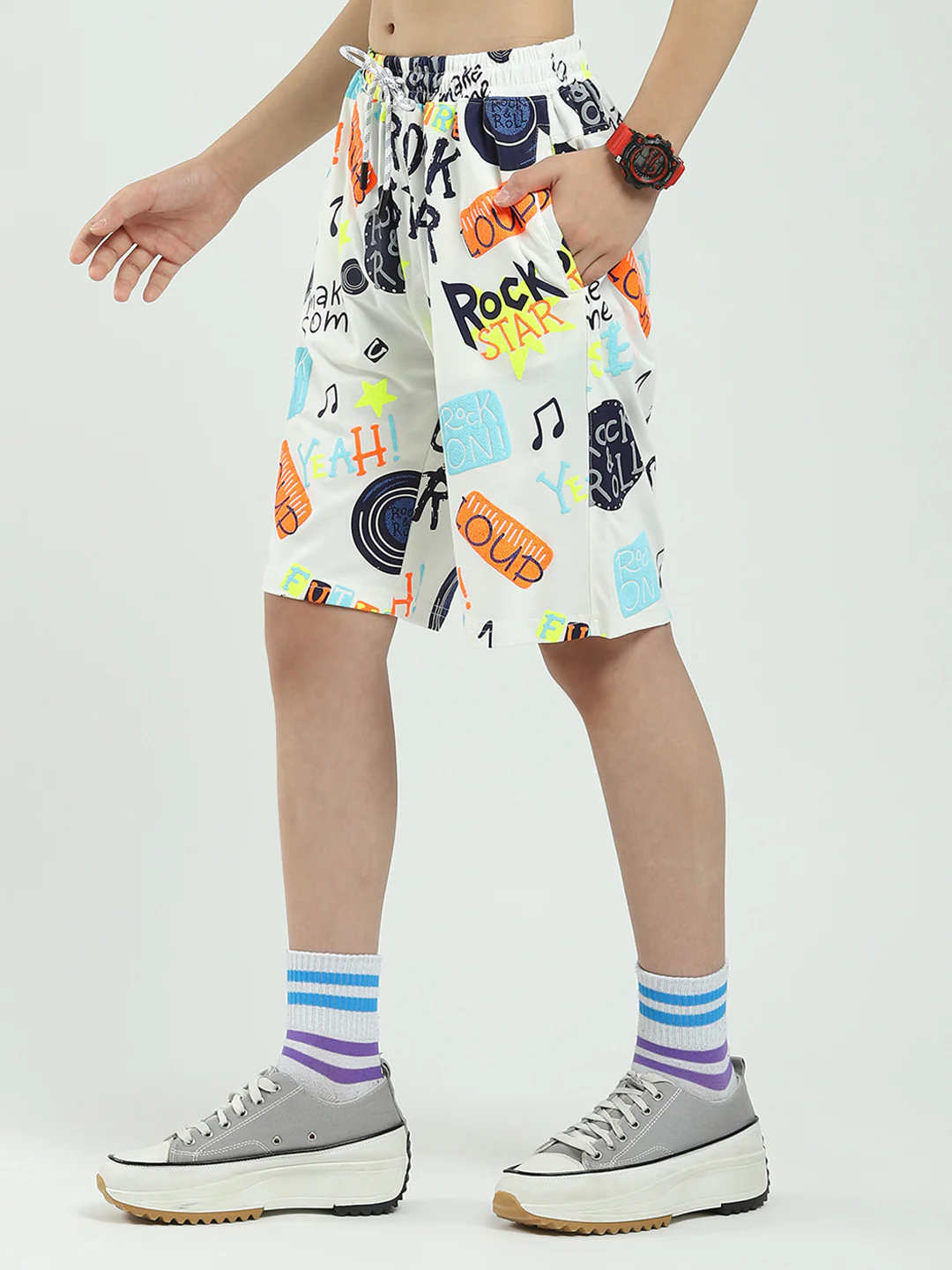 Boys White Printed Round Neck Half Sleeve Bermuda Set - Image 7