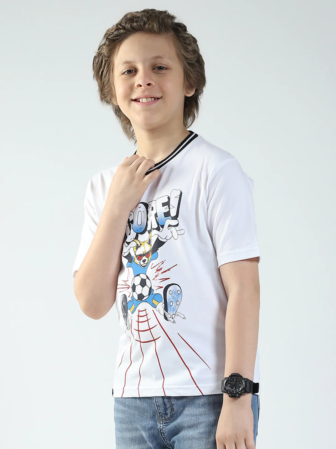 Boys White Printed Round Neck Half Sleeve T-Shirt - Image 3