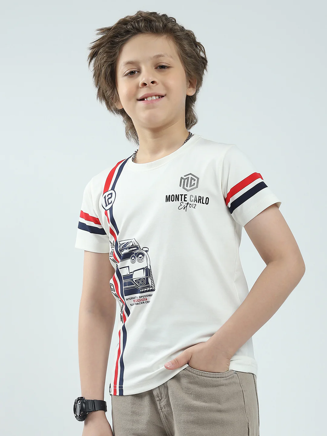 Boys White Printed Round Neck Half Sleeve T-Shirt - Image 3