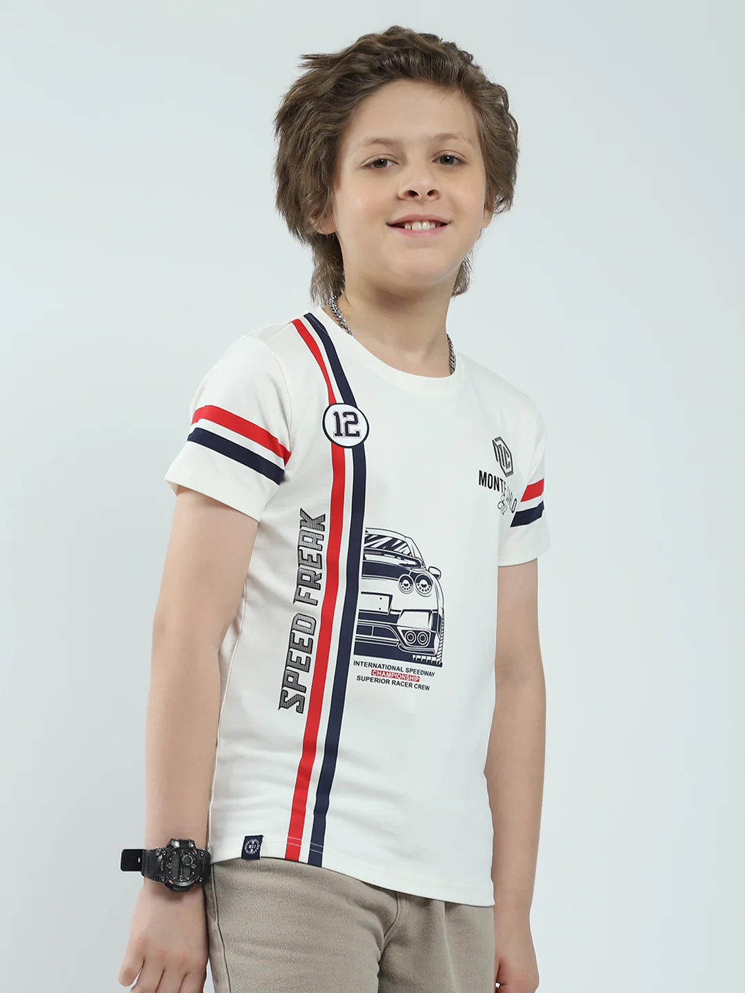 Boys White Printed Round Neck Half Sleeve T-Shirt - Image 4