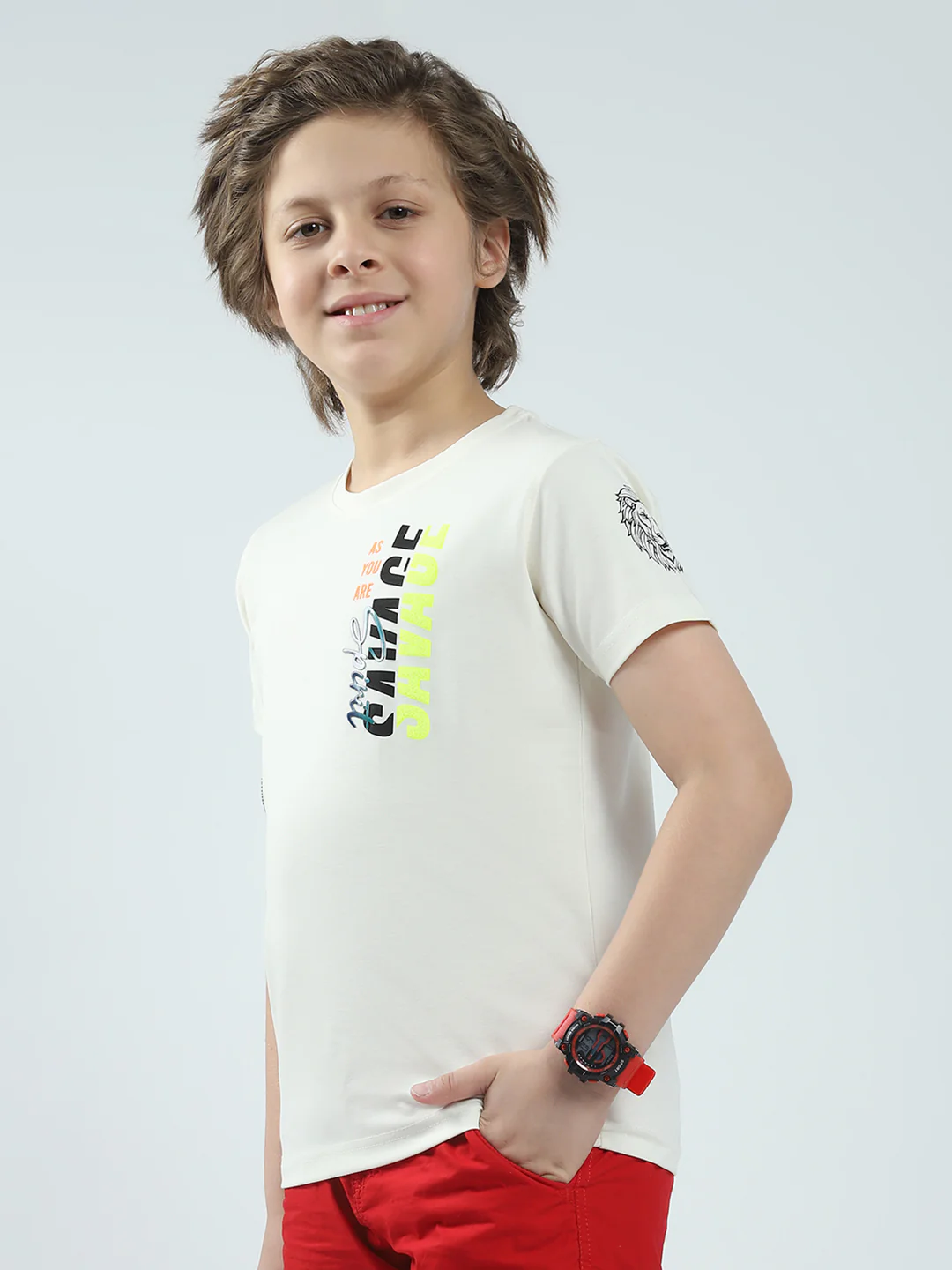 Boys White Printed Round Neck Half Sleeve T-Shirt - Image 3