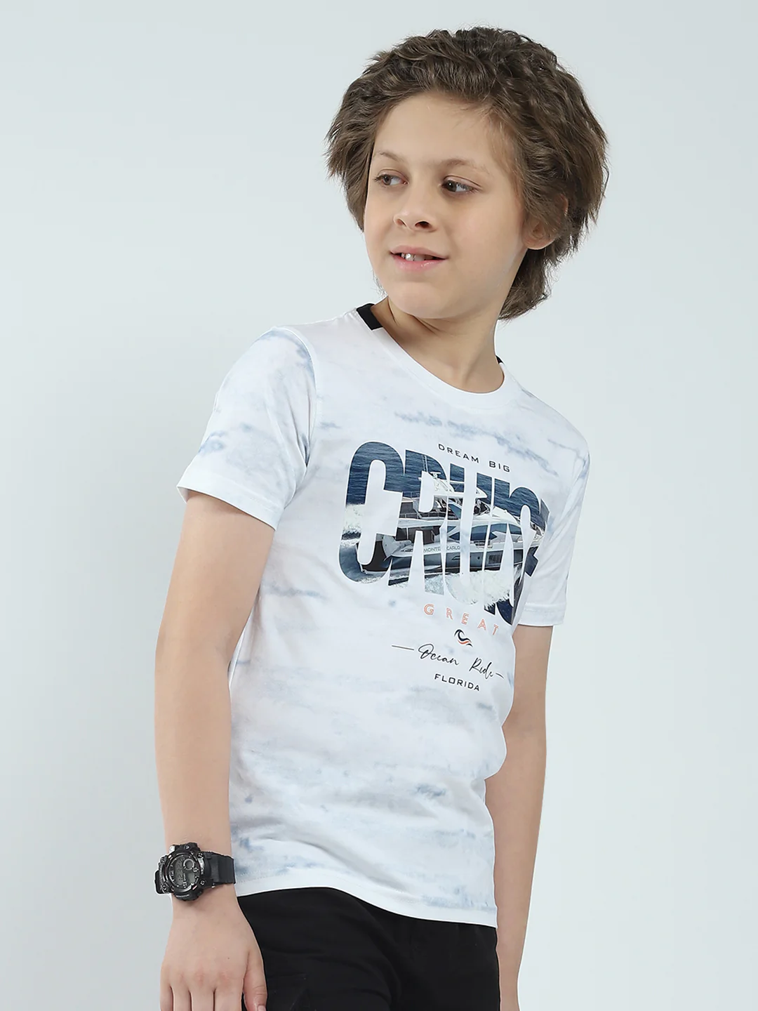 Boys White Printed Round Neck Half Sleeve T-Shirt - Image 4