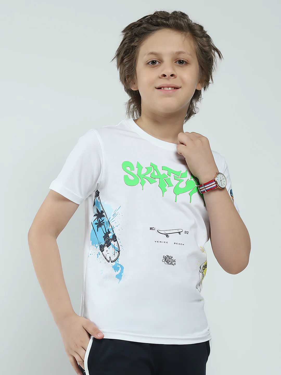 Boys White Printed Round Neck Half Sleeve T-Shirt - Image 4