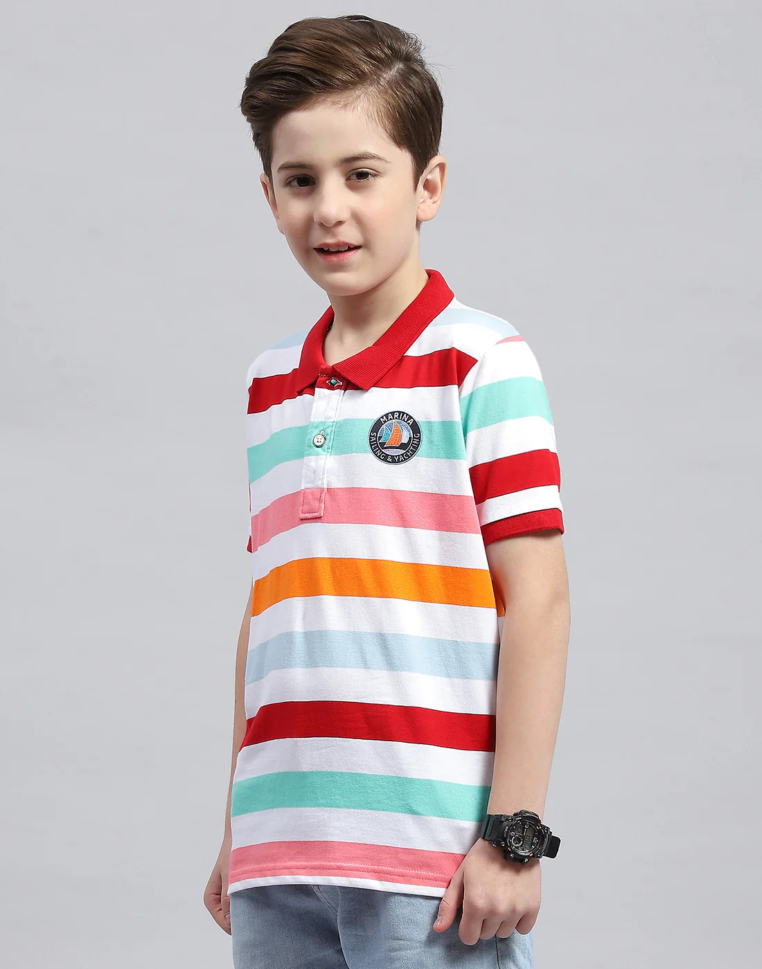 Boys White & Red Stripe Polo Collar Half Sleeve T-Shirt - Image 3