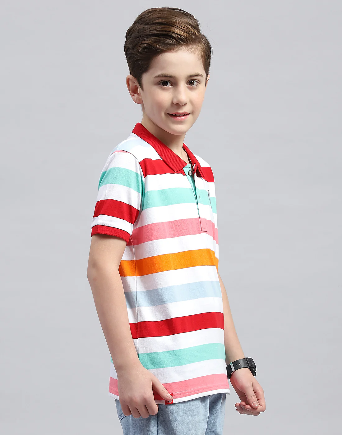 Boys White & Red Stripe Polo Collar Half Sleeve T-Shirt - Image 4