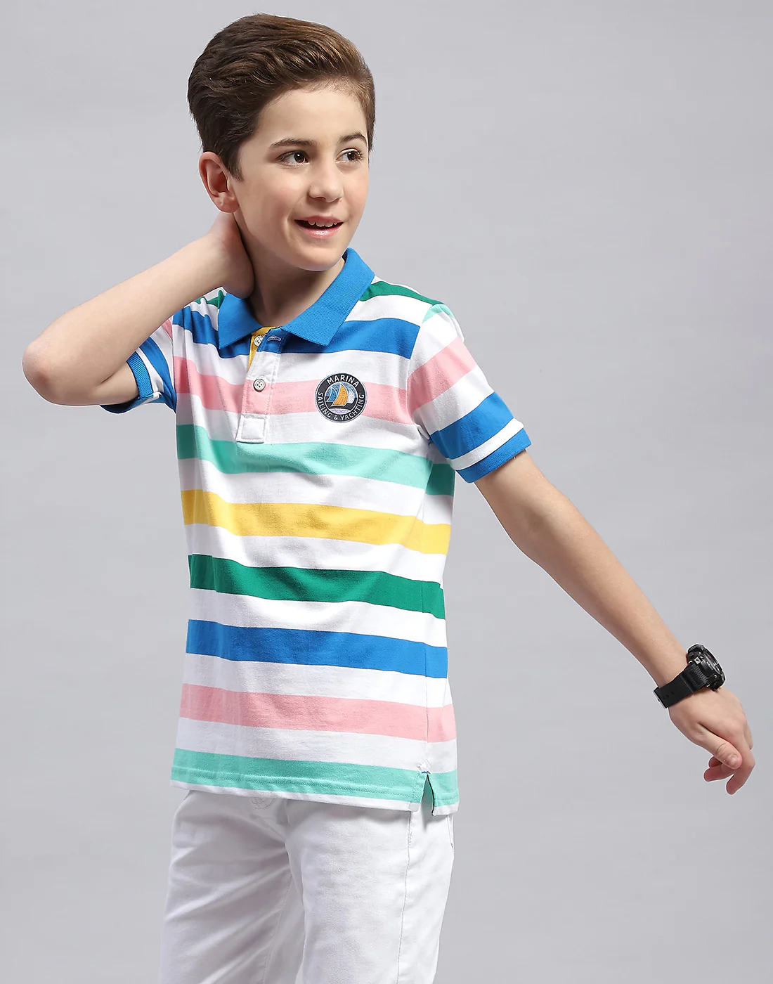 Boys White & Royal Blue Stripe Polo Collar Half Sleeve T-Shirt - Image 3