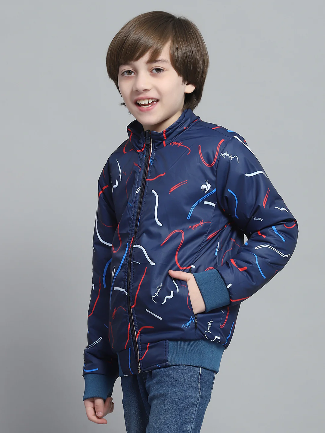 Boys White & Rust Printed Mock Neck Full Sleeve Reversible Jacket - Image 7