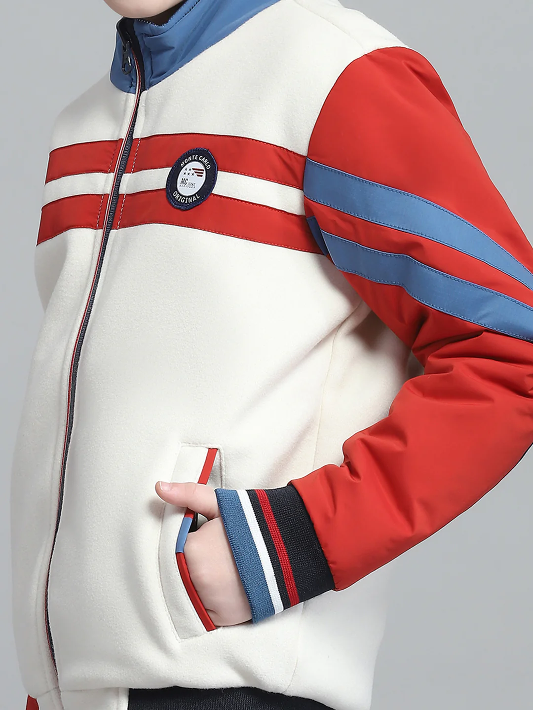 Boys White & Rust Printed Mock Neck Full Sleeve Reversible Jacket - Image 9