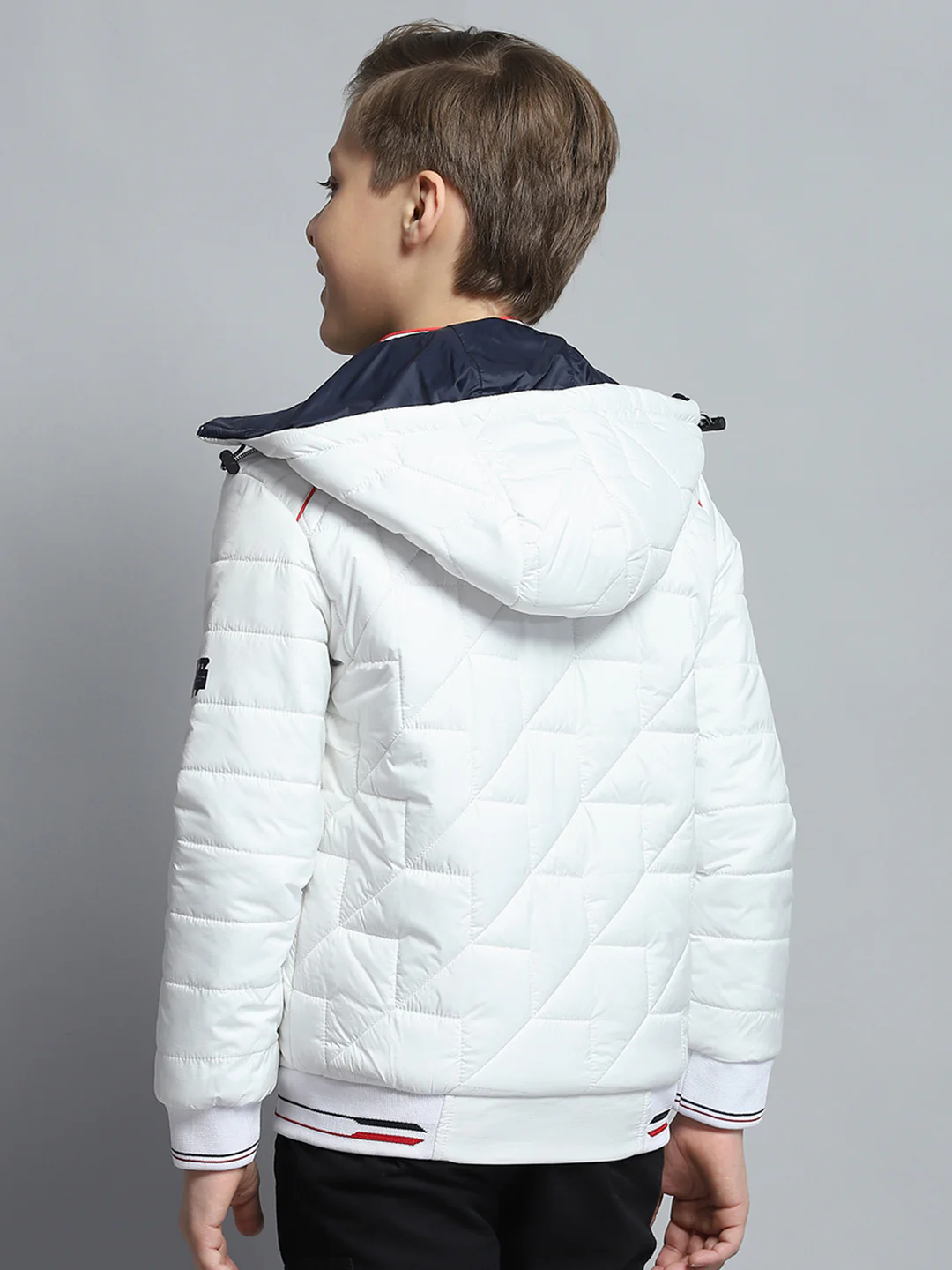 Boys White Self Design Detachable Hood Full Sleeve Jacket - Image 5