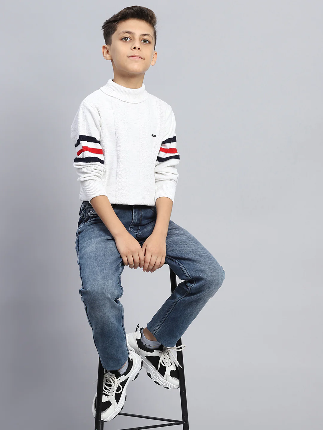 Boys White Self Design High Neck Full Sleeve Pullover - Image 2