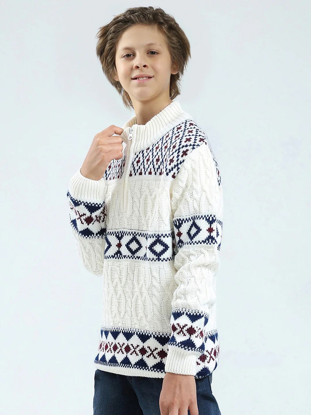 Boys White Self Design Mock Neck Full Sleeve Pullover - Image 3