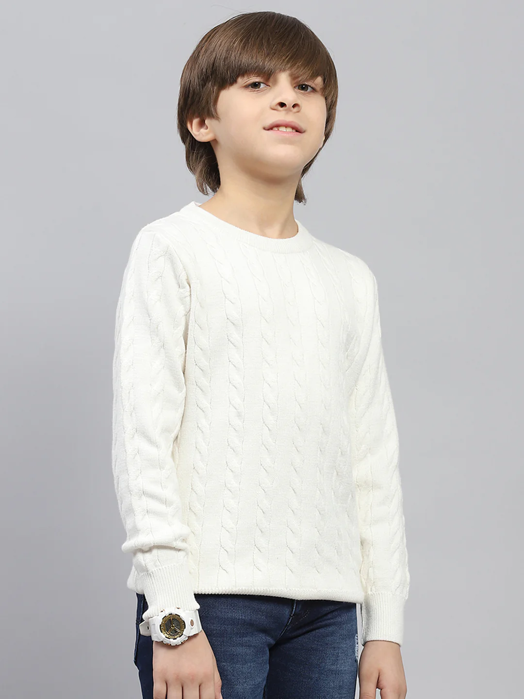 Boys White Self Design Round Neck Full Sleeve Pullover - Image 4