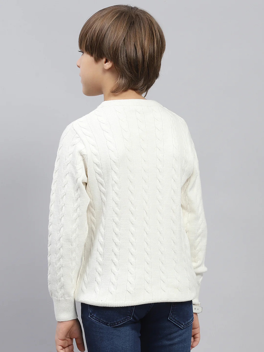 Boys White Self Design Round Neck Full Sleeve Pullover - Image 5