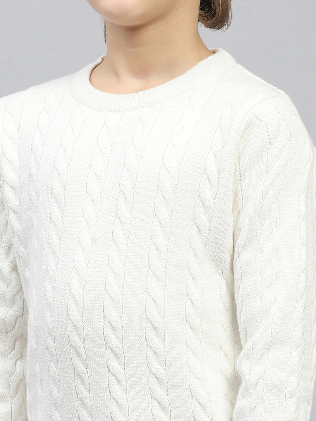 Boys White Self Design Round Neck Full Sleeve Pullover - Image 7
