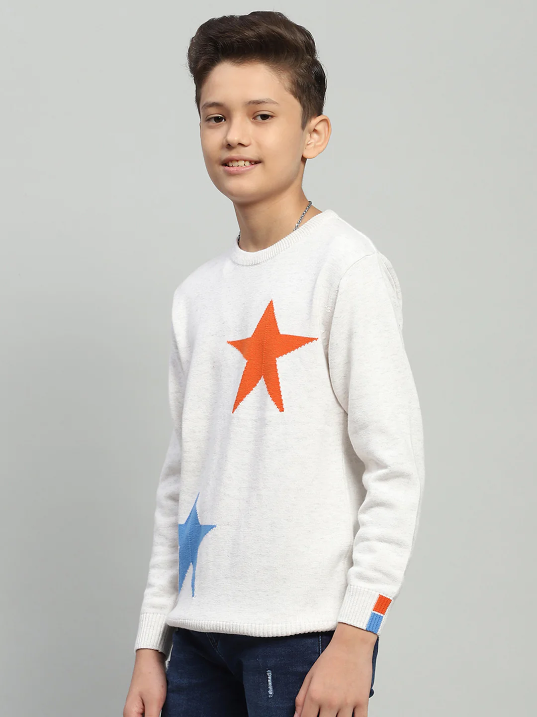 Boys White Self Design Round Neck Full Sleeve Pullover - Image 3
