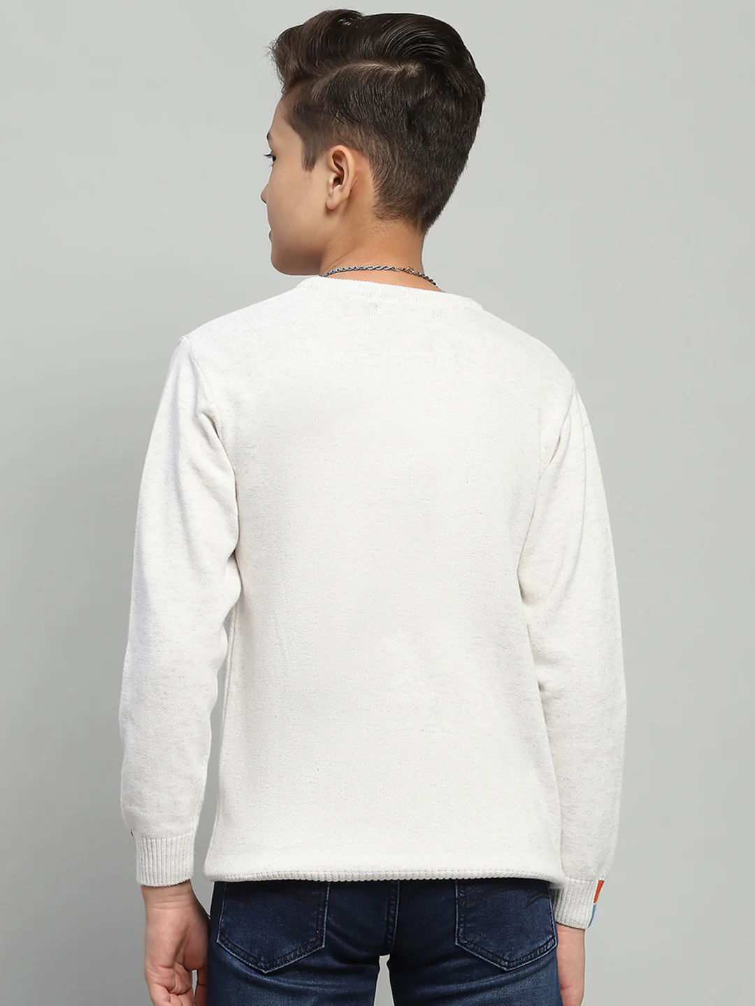 Boys White Self Design Round Neck Full Sleeve Pullover - Image 5