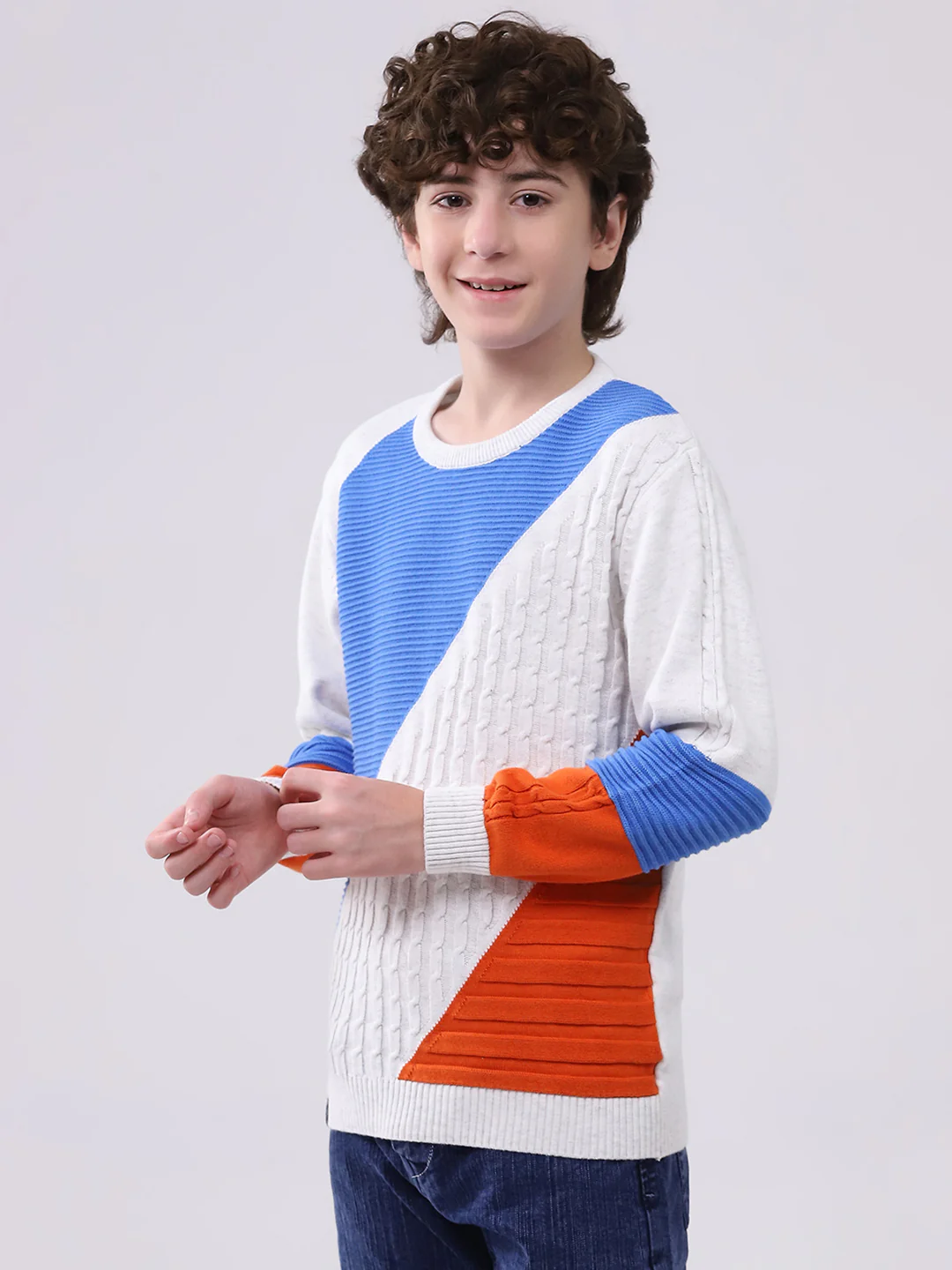 Boys White Self Design Round Neck Full Sleeve Pullover - Image 3