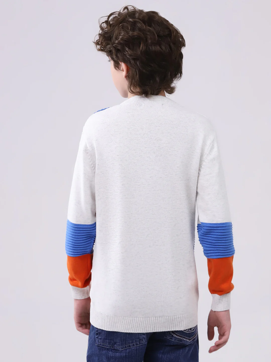 Boys White Self Design Round Neck Full Sleeve Pullover - Image 5
