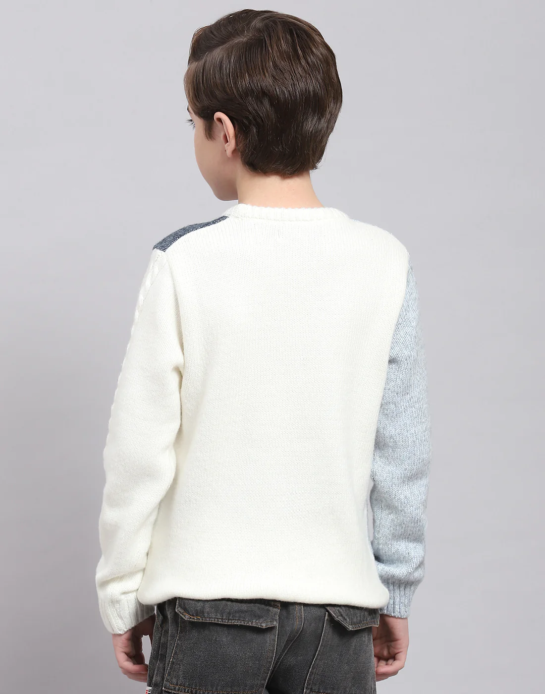 Boys White Self Design Round Neck Full Sleeve Sweater - Image 6