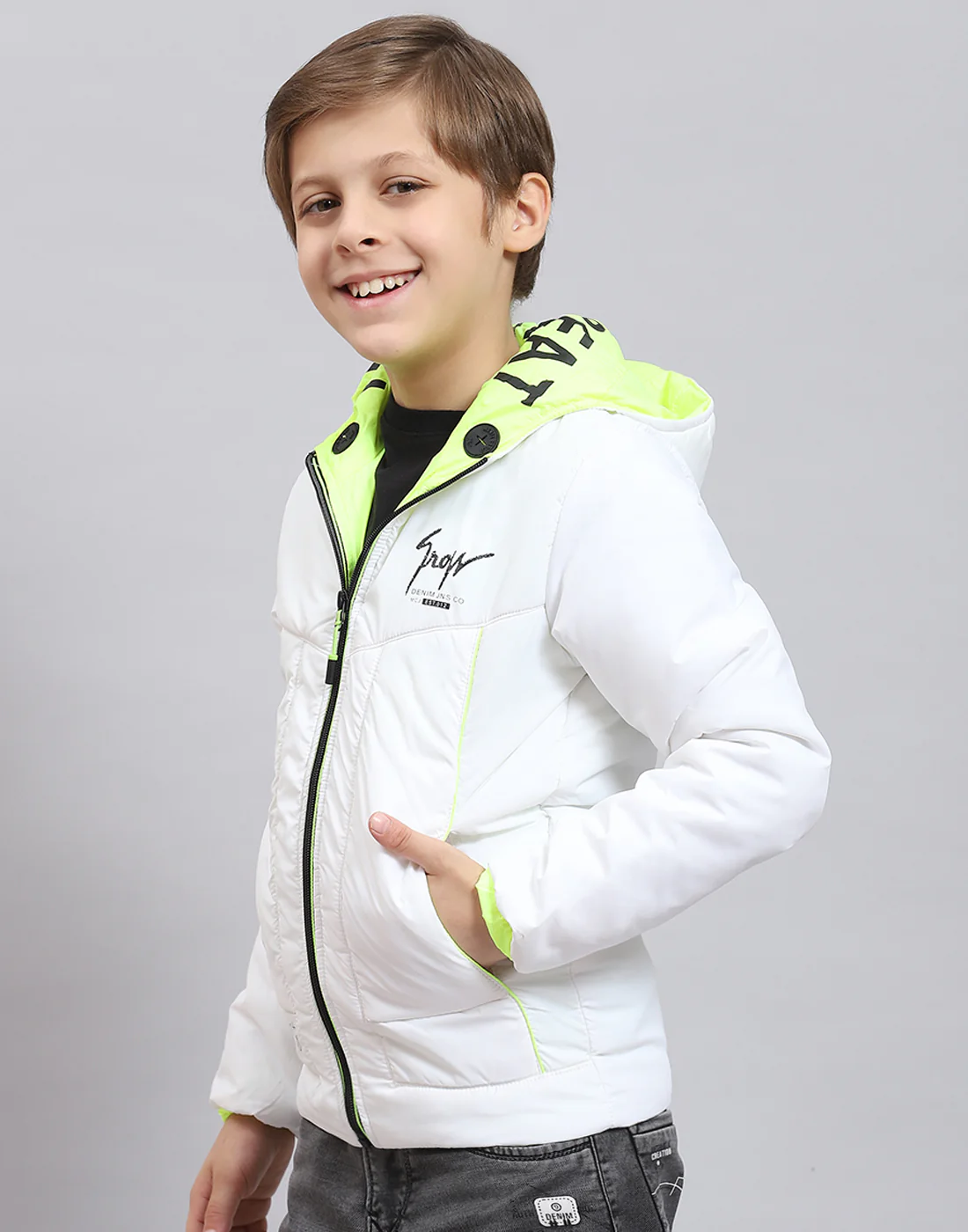 Boys White Solid Hooded Full Sleeve Boys Jacket - Image 3