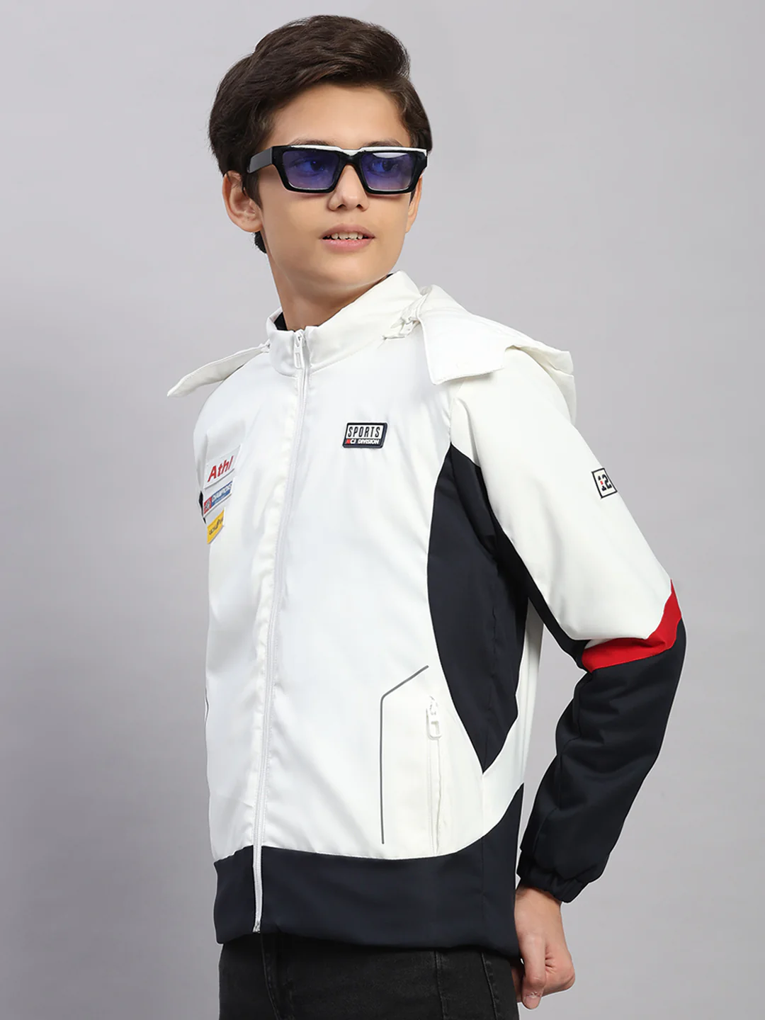 Boys White Solid Hooded Full Sleeve Jacket - Image 3