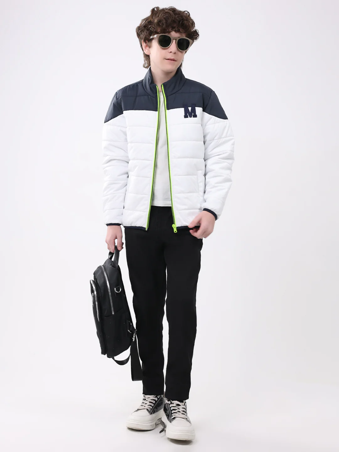 Boys White Solid Mock Neck Full Sleeve Boys Jacket - Image 2
