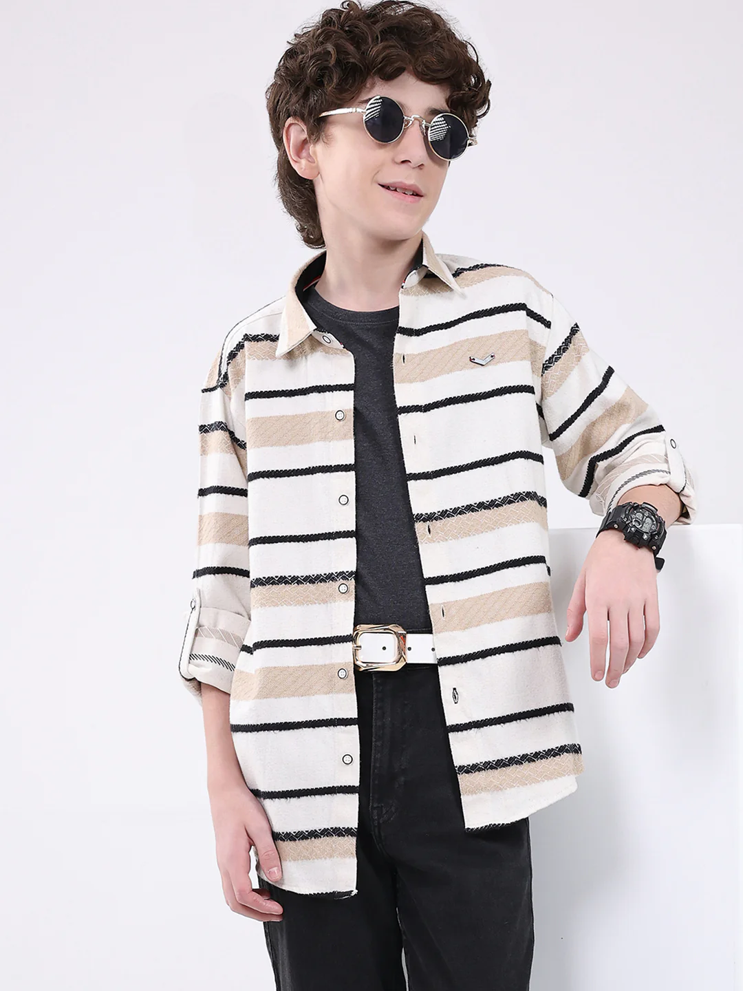 Boys White Stripe Collar Full Sleeve Shirt - Image 6