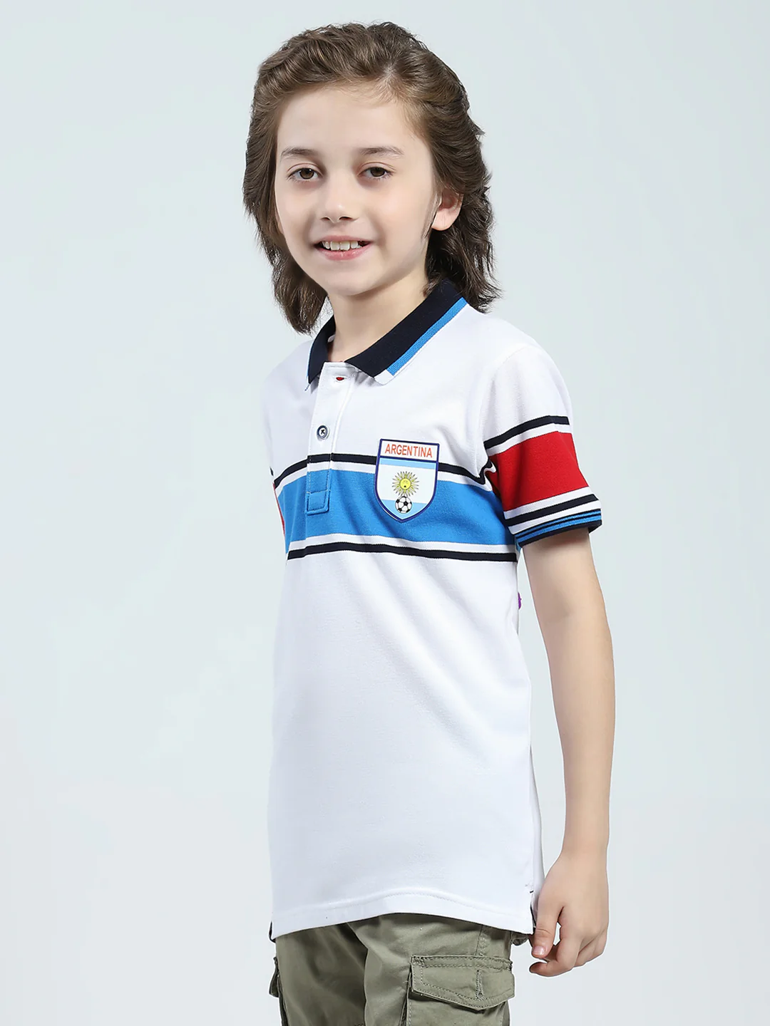 Boys White Stripe Collar Half Sleeve T-Shirt - Image 3