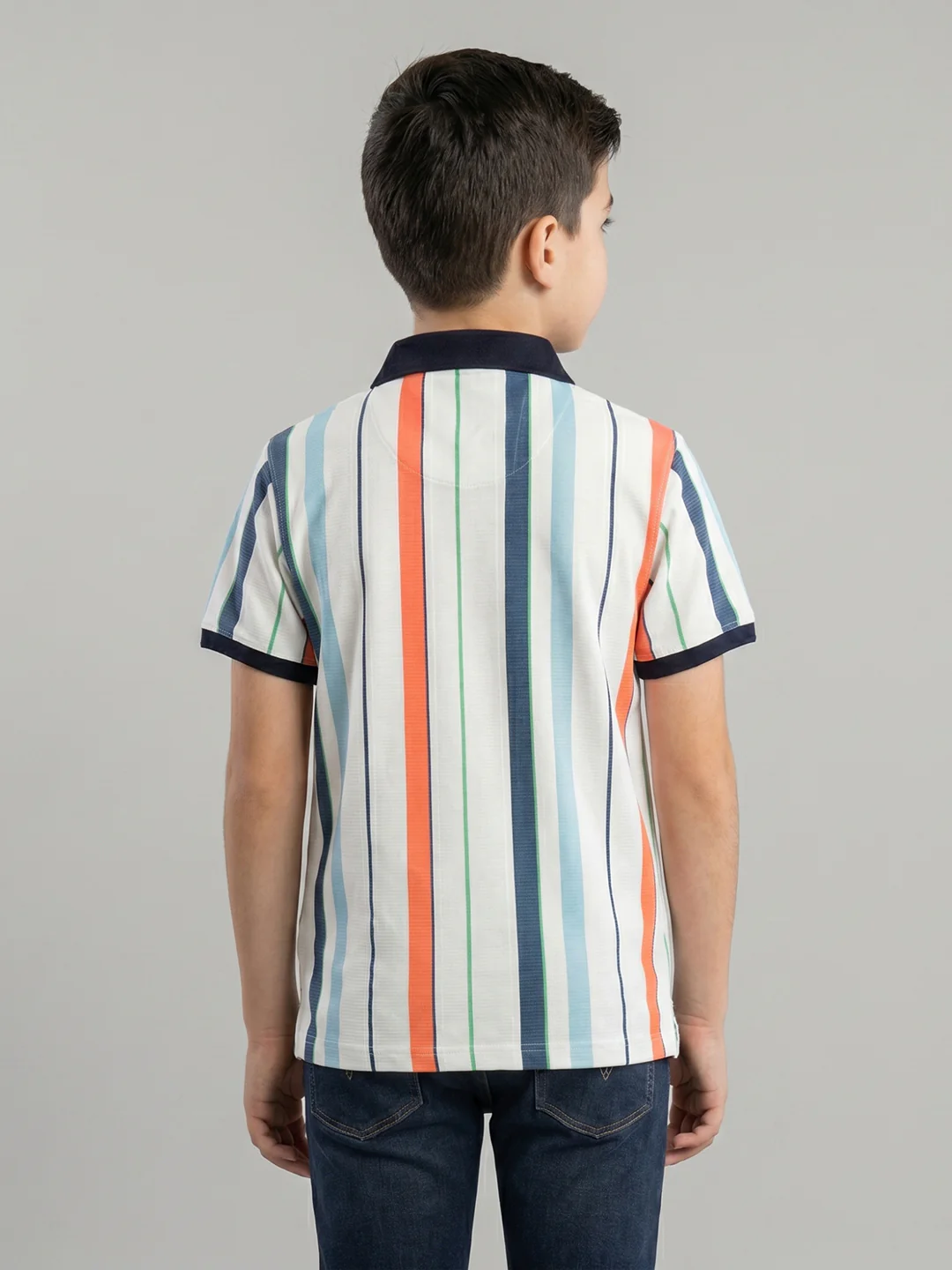 Boys White Stripe Collar Half Sleeve T-Shirt - Image 4
