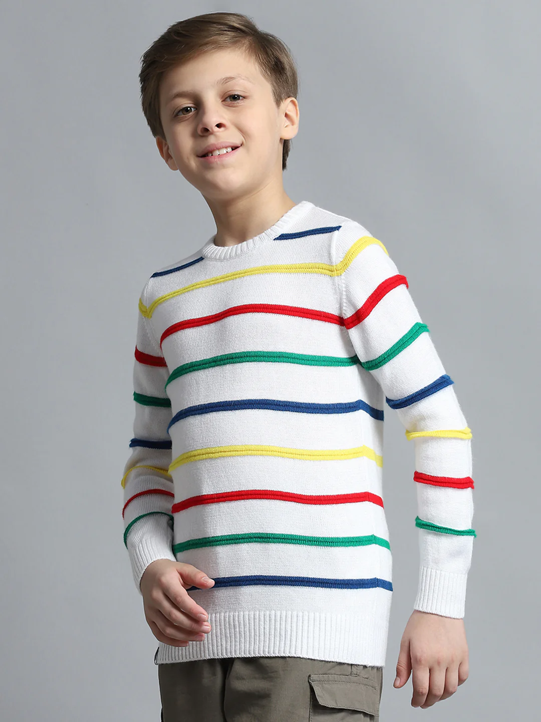 Boys White Stripe Round Neck Full Sleeve Pullover - Image 3
