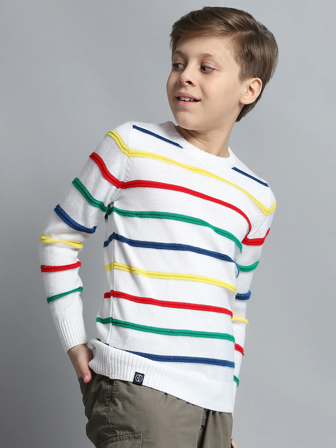 Boys White Stripe Round Neck Full Sleeve Pullover - Image 4