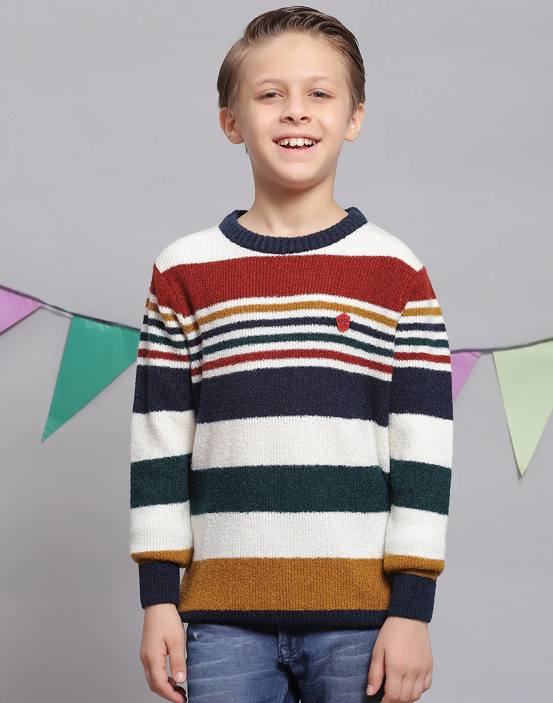 Boys White Stripe Round Neck Full Sleeve Sweater - Image 3