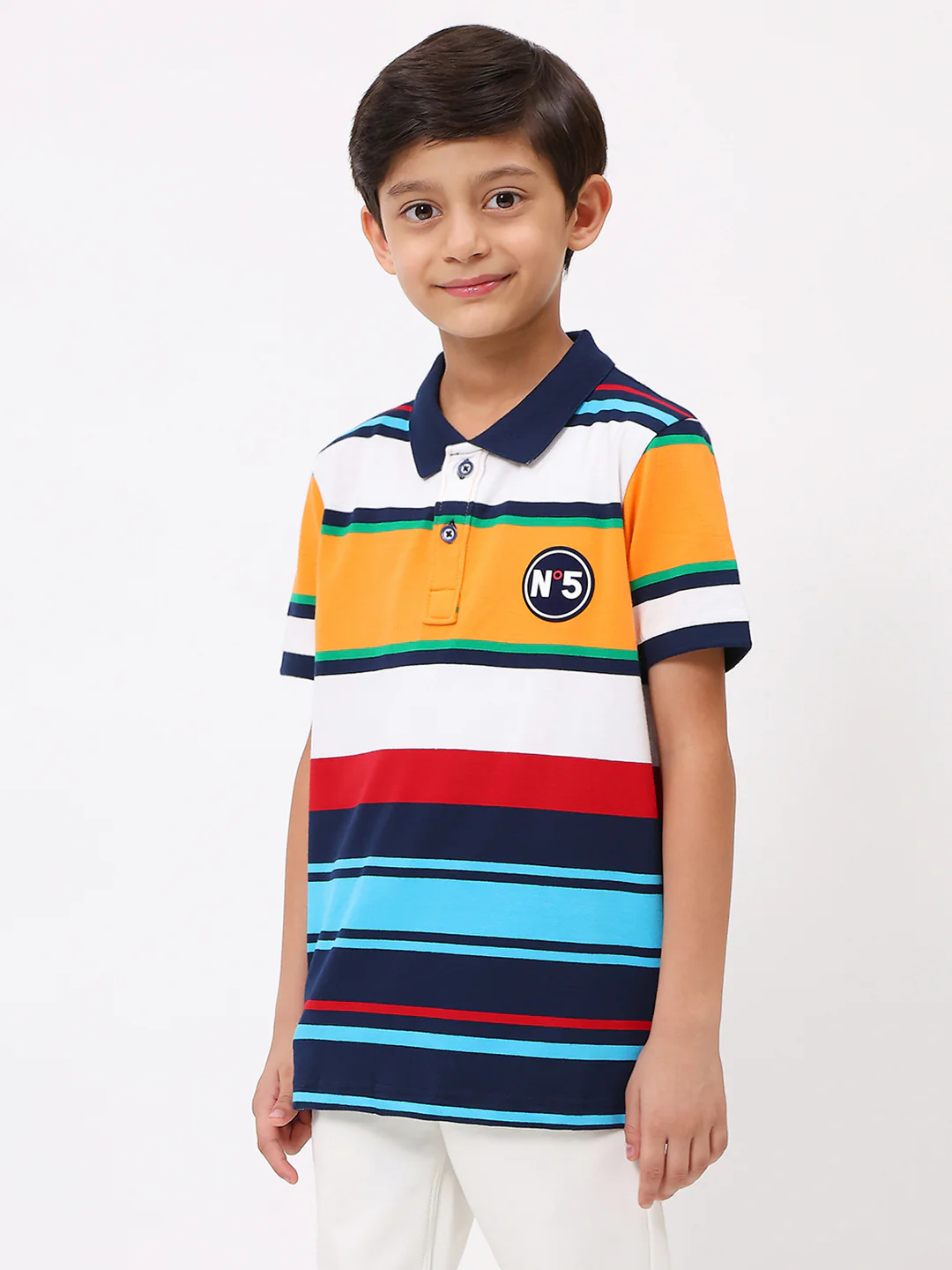 Boys Yellow & Blue Stripe Collar Half Sleeve T-Shirt - Image 3