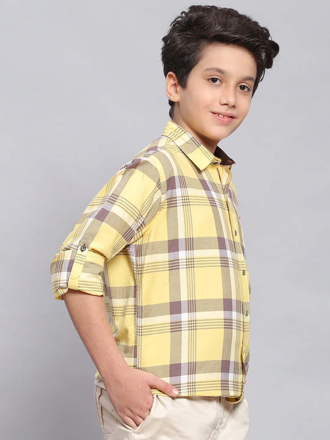 Boys Yellow Check Spread Collar Full Sleeve Shirts - Image 4