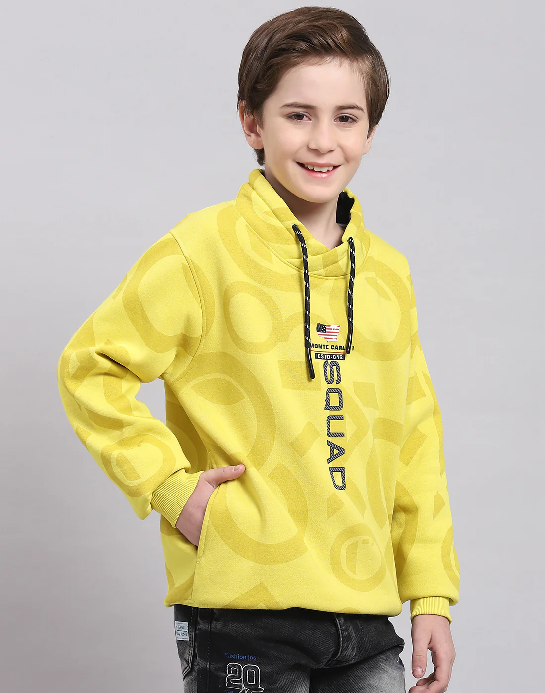 Boys Yellow Printed F Neck Full Sleeve Sweatshirt - Image 5
