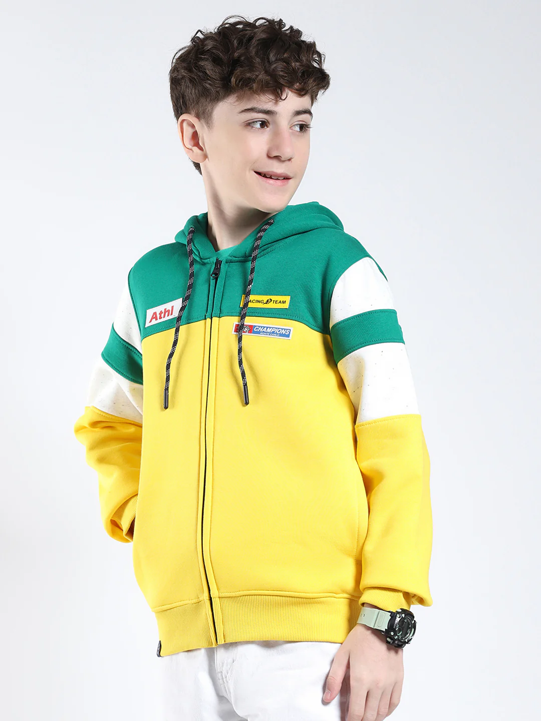 Boys Yellow Printed Hooded Full Sleeve Sweatshirt - Image 3